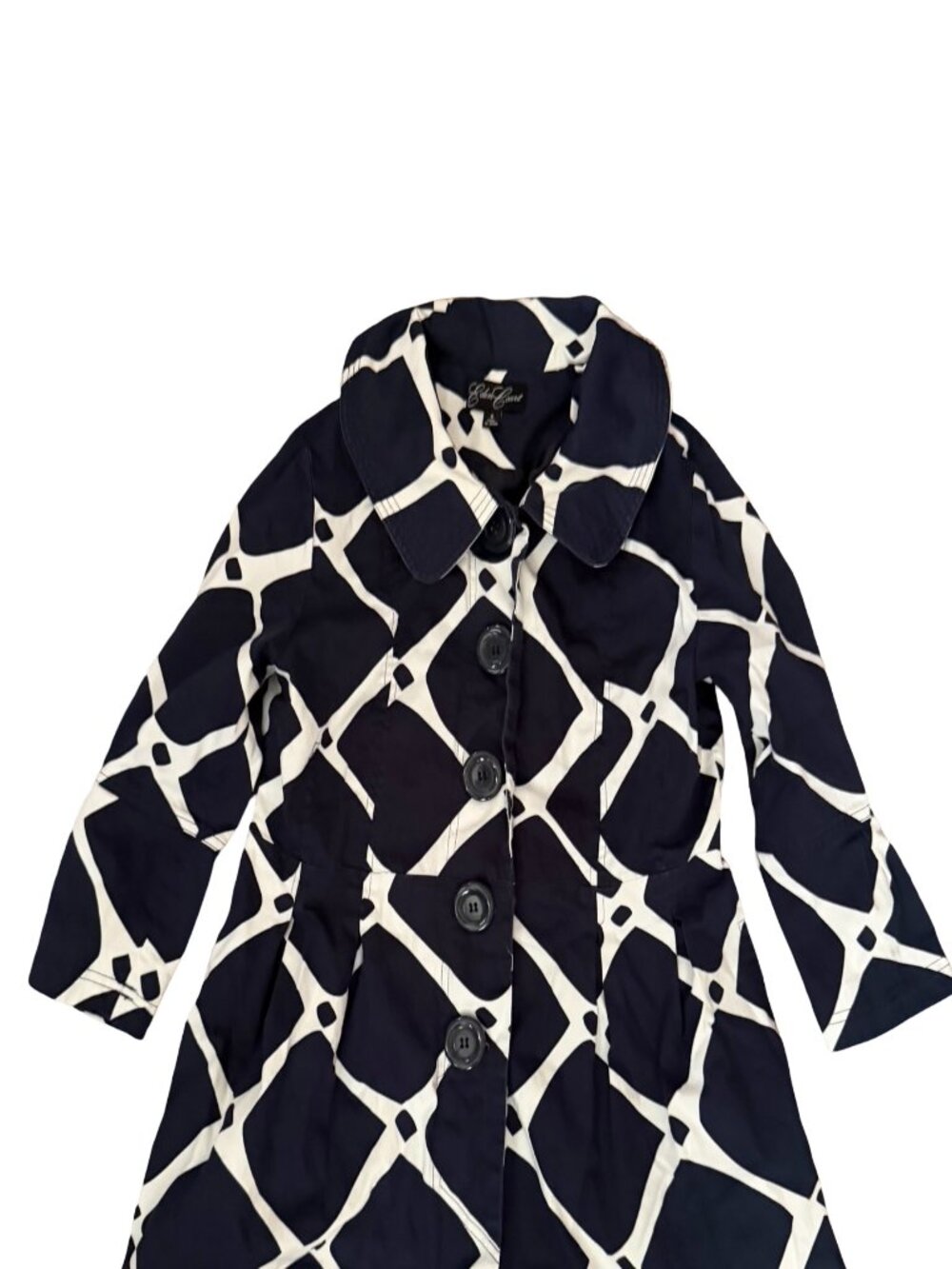 Eden Court Navy White Diamond  3/4 Bell Sleeve Print Lightweight Coat Size Small